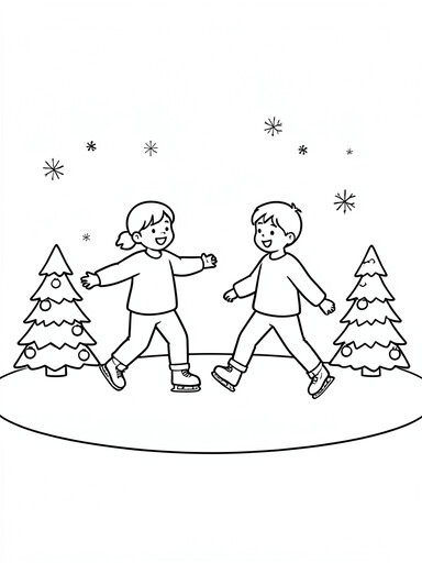 Christmas ice skating coloring page showing two kids skating on a pond with decorated trees PDF preview
