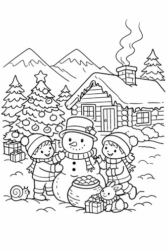 Kids building a snowman near a cabin with snow and pine trees