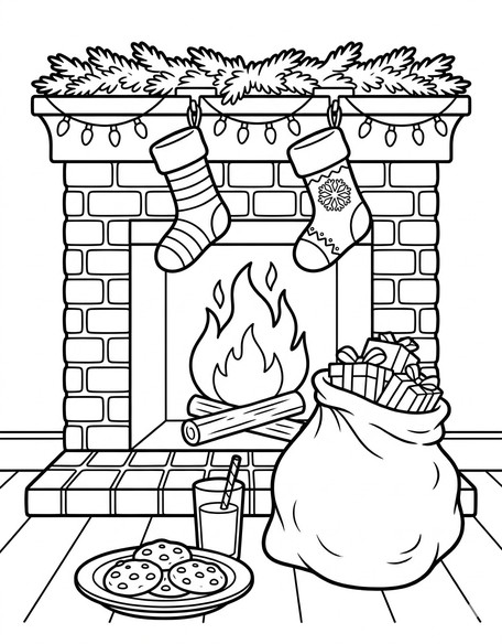 Christmas milk and cookies fireplace coloring page showing stockings and plate of cookies PDF preview