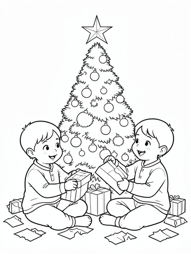 Christmas morning presents coloring page showing two kids in pajamas opening gifts by the tree PDF preview