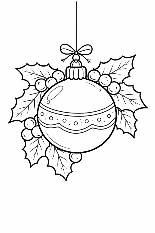 Christmas Ornament Bulb and Holly coloring page showing a hanging ornament with holly leaves and berries PDF preview