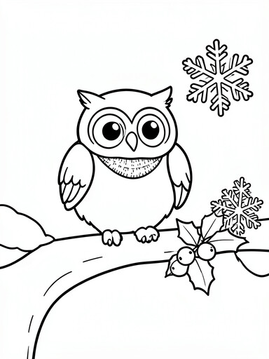 Christmas owl coloring page showing an owl with holly perched on a snowy branch