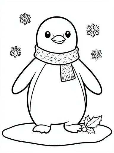 Christmas penguin coloring page showing a penguin in a scarf standing in snow with holly PDF preview
