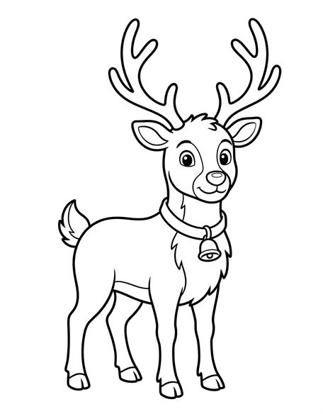 Christmas reindeer coloring page showing a friendly reindeer with large antlers and jingle bell collar PDF preview