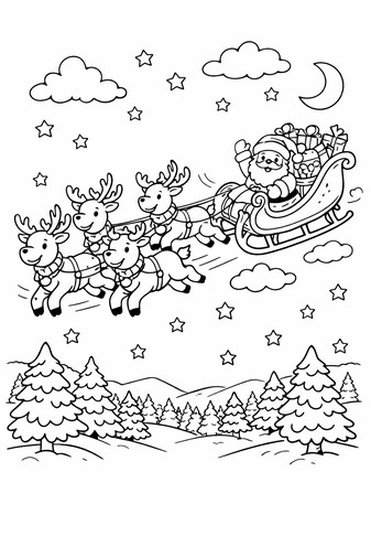 Reindeer pulling a sleigh through a snowy forest with pine trees