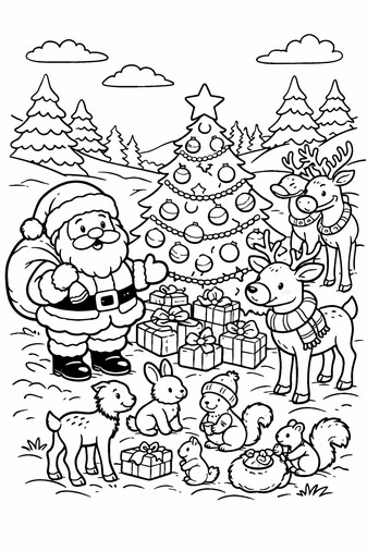 Santa and his reindeer surrounded by forest animals in a snowy clearing