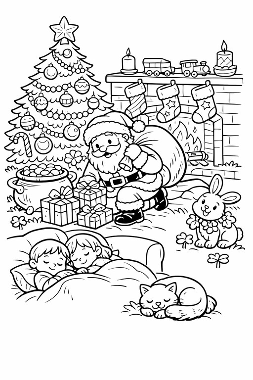 Christmas Santa Tree and Fireplace coloring page showing Santa standing by a fireplace and a decorated Christmas PDF preview