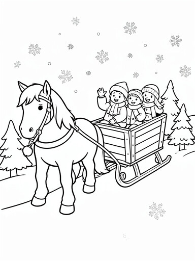 Family sleigh ride coloring page showing a horse-drawn sleigh gliding through falling snow with three riders