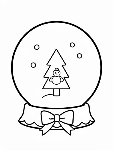 Christmas snow globe coloring page showing a tree and snowman inside a glass globe