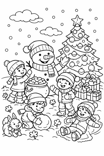 Kids decorating a snowman near a Christmas tree in a snowy yard