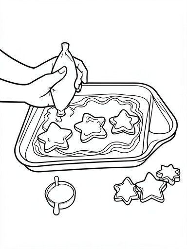 Christmas sugar cookies coloring page showing hands icing star cookies with cutters nearby PDF preview