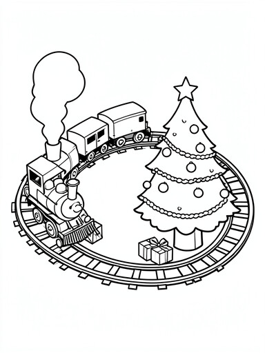 Christmas toy train coloring page showing a locomotive circling a decorated tree on a looping track