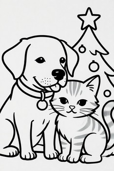 Christmas tree with dog and cat coloring page