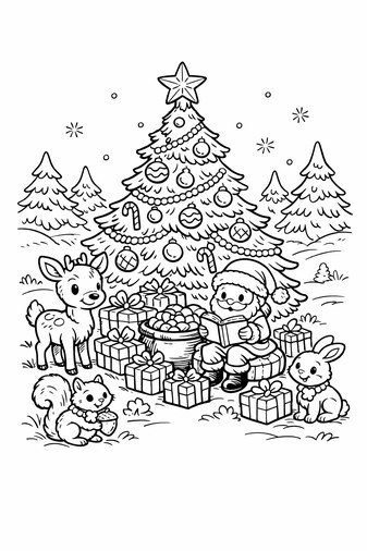 Forest animals gathered around a decorated Christmas tree in the woods