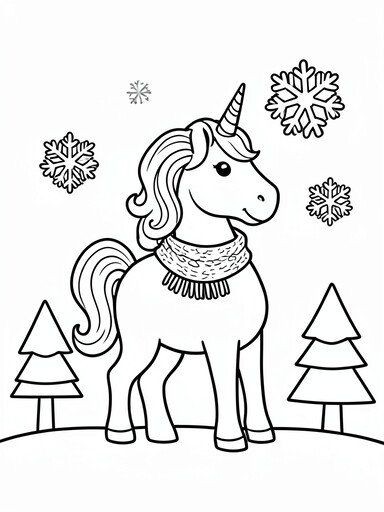 Christmas unicorn coloring page showing a unicorn in a scarf standing between snowy trees