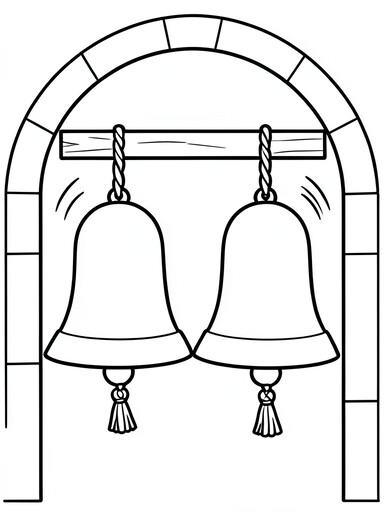 Two church bells hanging from a wooden beam inside a stone arch with swinging motion lines coloring page