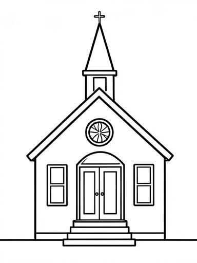 Small church building with pointed steeple, cross on top, bell inside the tower, and arched front door coloring page