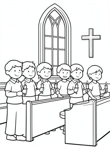 Worshippers holding candles at a church pew in front of a stained glass window coloring page