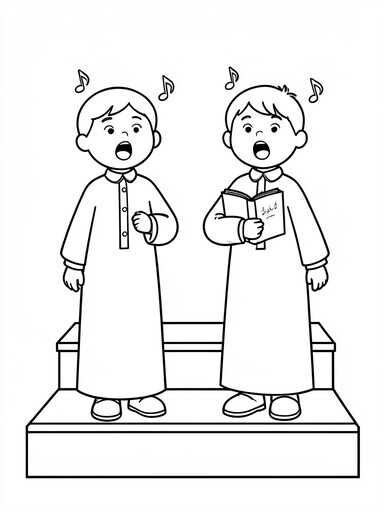 Two children in choir robes singing on risers with musical notes and an open songbook coloring page