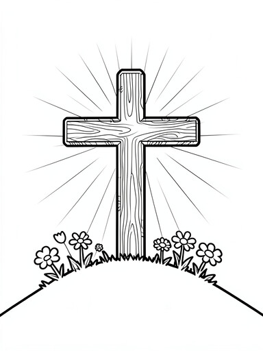 Large wooden cross on a grassy hilltop surrounded by wildflowers with light rays behind it coloring page