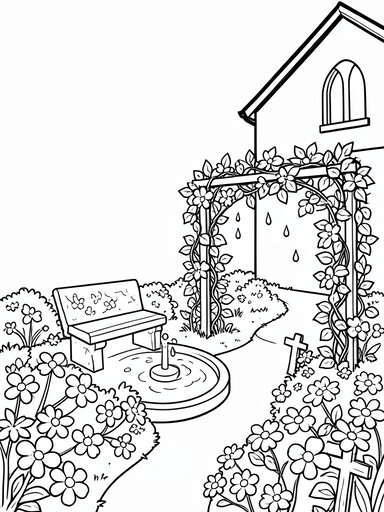 Church garden with a stone bench beside a small fountain, flowering path, and vine-covered trellis coloring page