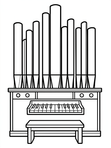 Church pipe organ with tall vertical pipes of different heights above a wooden keyboard console coloring page