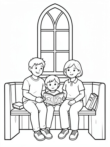 Family of three sitting together on a church pew with an open picture book and arched window coloring page