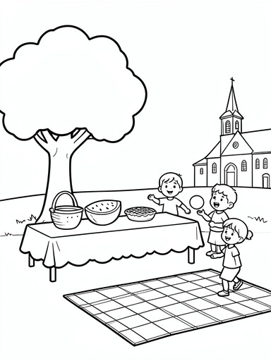 Church picnic with food table, playing children, shade tree, and church steeple in the background coloring page