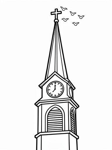 Tall church steeple with cross, round clock face, louvered bell tower, and birds flying nearby coloring page