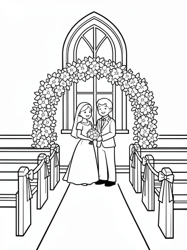 Bride in a veil holding a bouquet standing beside a groom under a flower-covered arch in a church coloring page