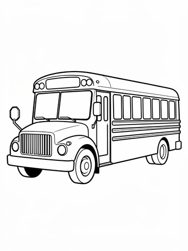 School bus coloring page showing a classic bus with a stop sign arm and rows of side windows