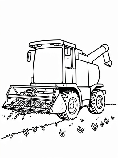 Combine harvester coloring page showing a farm machine cutting through wheat with an auger tube