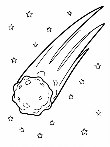 Comet coloring page showing an icy comet core with a long streaking tail among stars