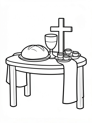 Communion table with bread loaf, chalice cup, small cup tray, and cross behind it coloring page