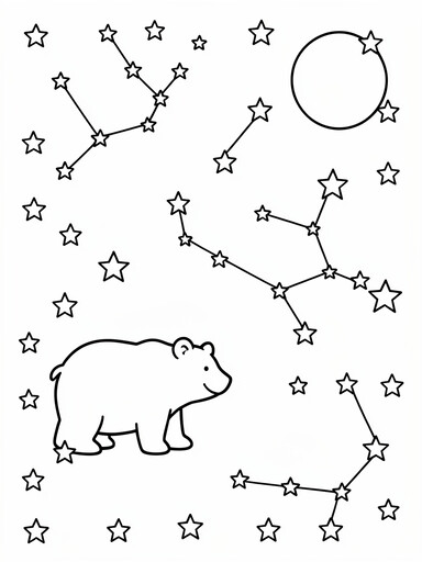 Constellation stars coloring page with connected star patterns, a moon, and a bear figure