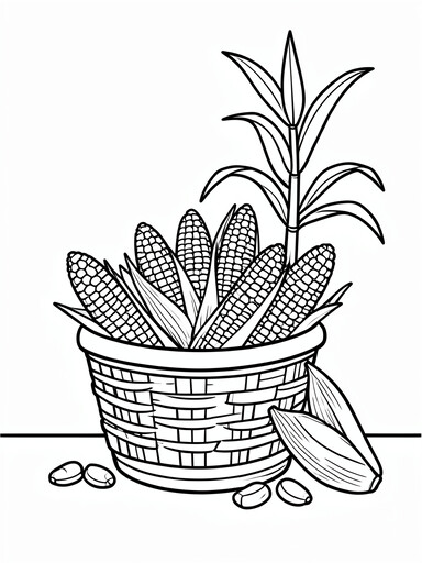 Woven basket filled with husked corn cobs beside a tall corn stalk coloring page
