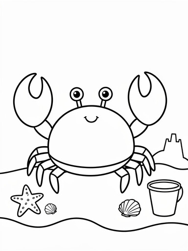 Crab coloring page showing a smiling crab on the beach with raised claws, a starfish, and a sandcastle
