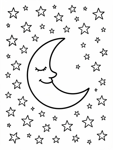 Smiling crescent moon surrounded by twinkling stars coloring page