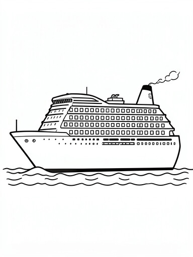 Cruise ship coloring page showing a tall hull with cabin windows, a rear smokestack, and lifeboats above ocean waves