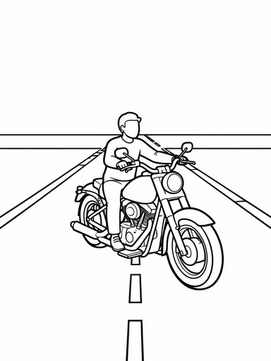 Cruiser motorcycle coloring page showing a rider on an open highway with dashed lane markings