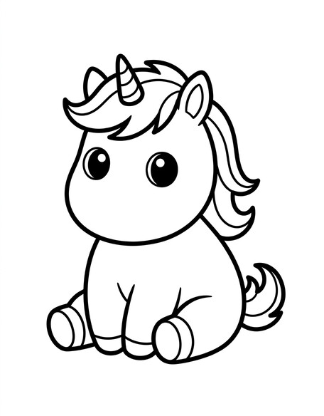 Cute chubby baby unicorn sitting with large eyes coloring page
