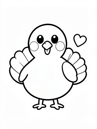 Cute cartoon turkey coloring page with a round head, big eyes, and rosy cheeks