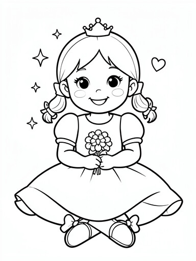 Cute princess sitting cross-legged holding a flower bouquet with pigtail braids and a tiara coloring page