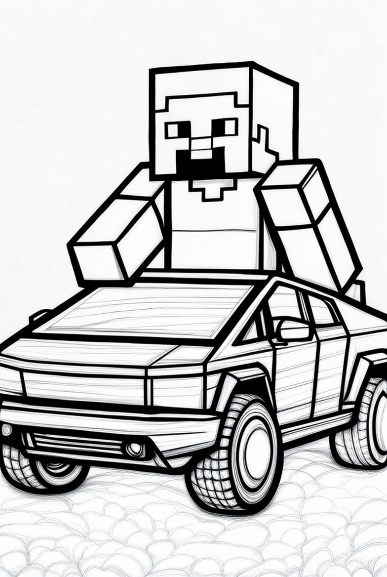 Cybertruck Pickup and Minecraft Steve coloring page showing a blocky pickup truck beside a Minecraft-style PDF preview