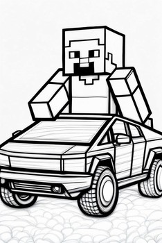 Tesla Cybertruck and Minecraft Steve coloring page