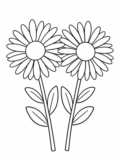 Two large daisies with radiating narrow petals and round center disks coloring page