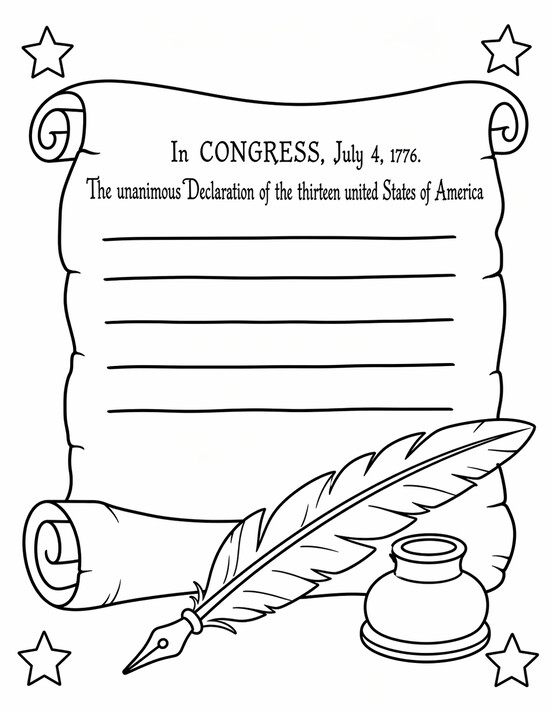 Declaration of Independence coloring page showing a historic scroll, quill, and inkwell in a clean printable PDF preview