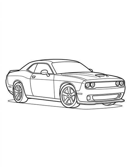 Dodge Challenger Hellcat coloring page showing a two-door muscle coupe with hood scoop and dual round headlights PDF preview