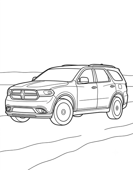 Dodge Durango coloring page showing a three-row family SUV with roof rails and a crosshair grille