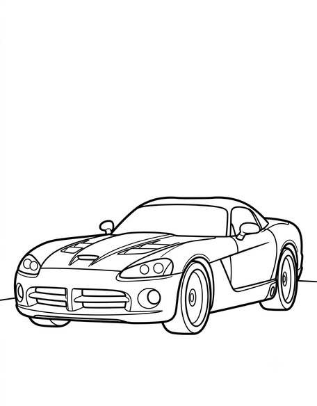 Dodge Viper coloring page showing a low wide sports car with a long hood and twin hood vents